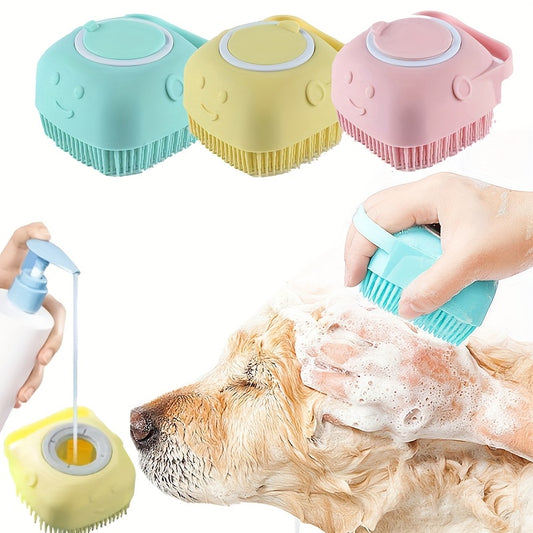 Soft Silicone Pet Bath Brushes with Built-in Shampoo Dispenser - Gentle Grooming Tool for Dogs & Cats, Ideal for Long & Short Hair - Assorted Colors (Light Blue, Yellow, Pink), Pet Grooming